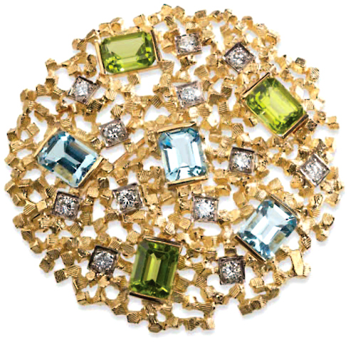John Donald, Brooch of 18ct yellow gold textured cubes set aquamarines and peridots with diamonds set into white gold square plates 