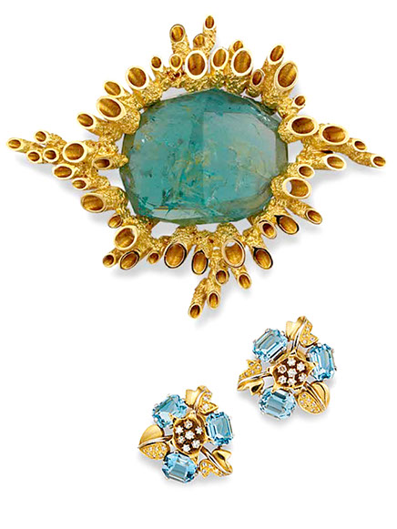 John Donald, Brooch in 18ct yellow gold radiating round tubes, Earrings of 18ct yellow and white gold