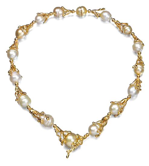 John Donald, Necklace of 18ct yellow gold melted wires, dripping on to baroque South Sea pearls