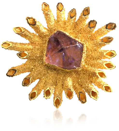 John Donald, Brooch in 18ct yellow gold radiating square tubes, with granulation and set with natural crystal of amethyst 