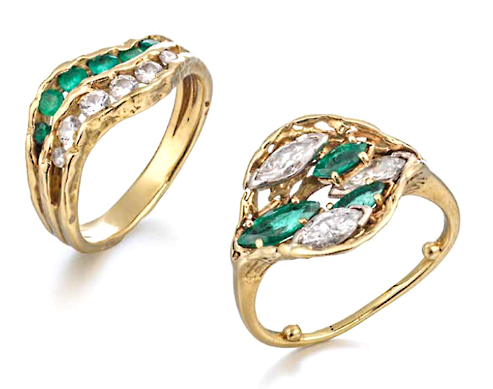 John Donald, Ring of 18ct yellow gold serpentine top set one row of emeralds