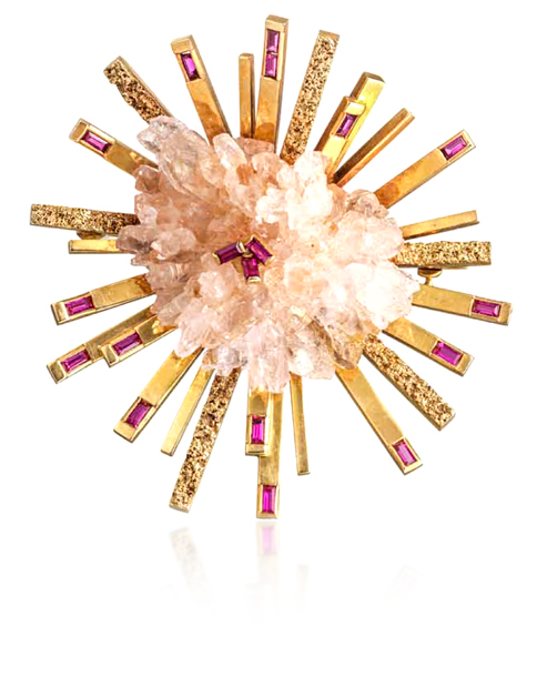 Brooch of rose quartz set 18ct yellow gold radiating rectangular rods