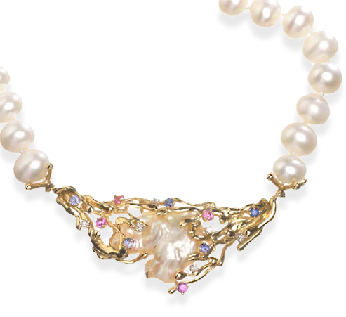 John Donald, Centrepiece of melted wavy rods set irregular shaped freshwater pearl, with pink and blue sapphires and diamonds